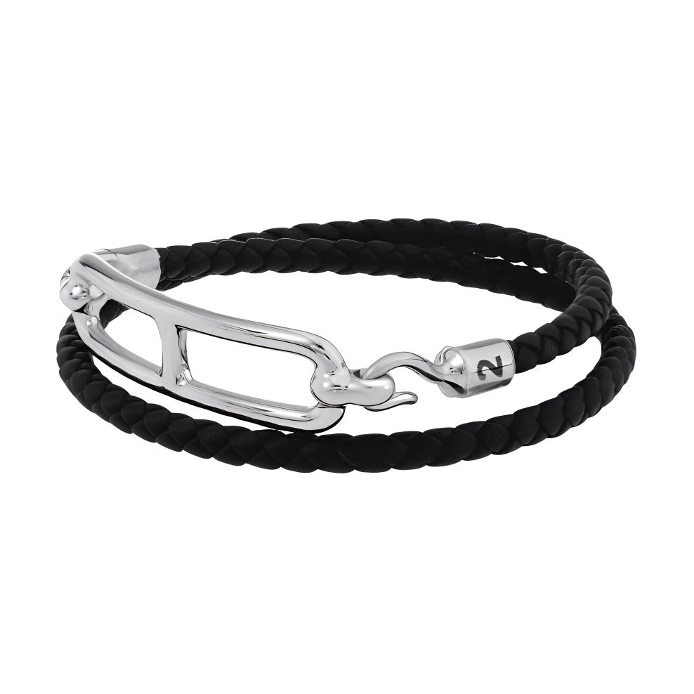 Hermes Roulis Double Circle Woven Bracelet Silver Buckle Calfskin Women bracelet Black H071727FP89-T1