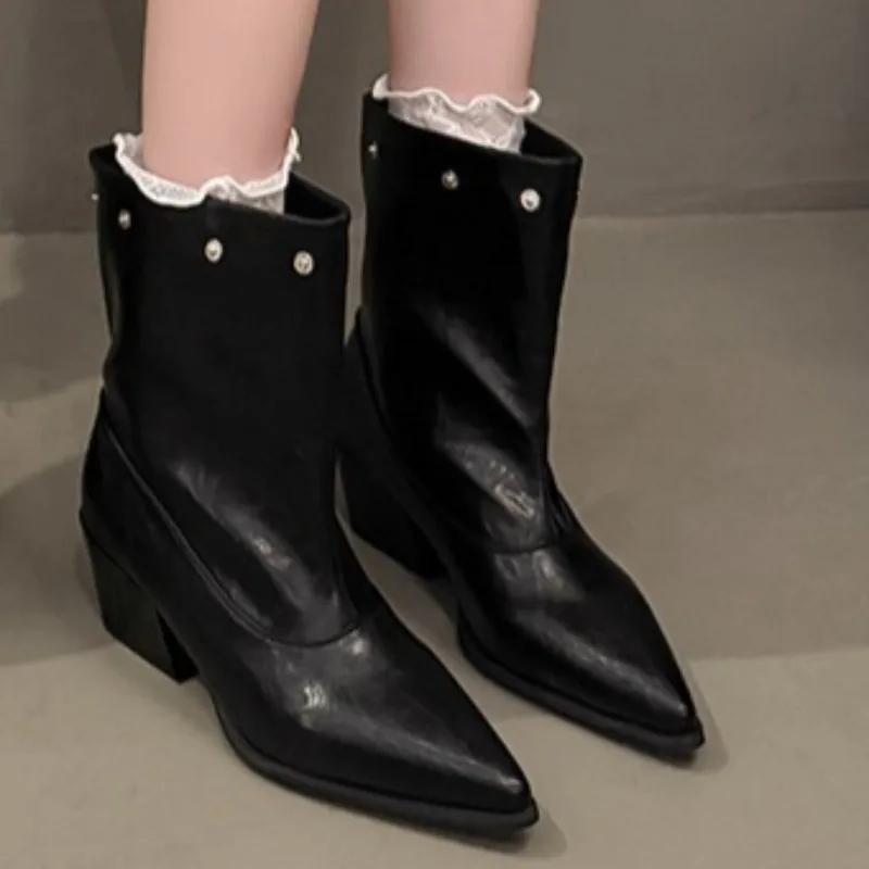 

Patchwork Design Leather Waterproof One-foot Mid-calf Boots for Women Autumn New Lightweight Wear-resistant High Boots Plus Size 35