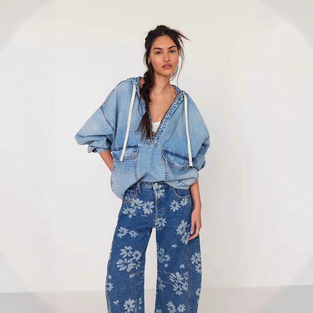 Felpa in Denim Azzurro Chiaro Oversize con Mezza Zip e Coulisse