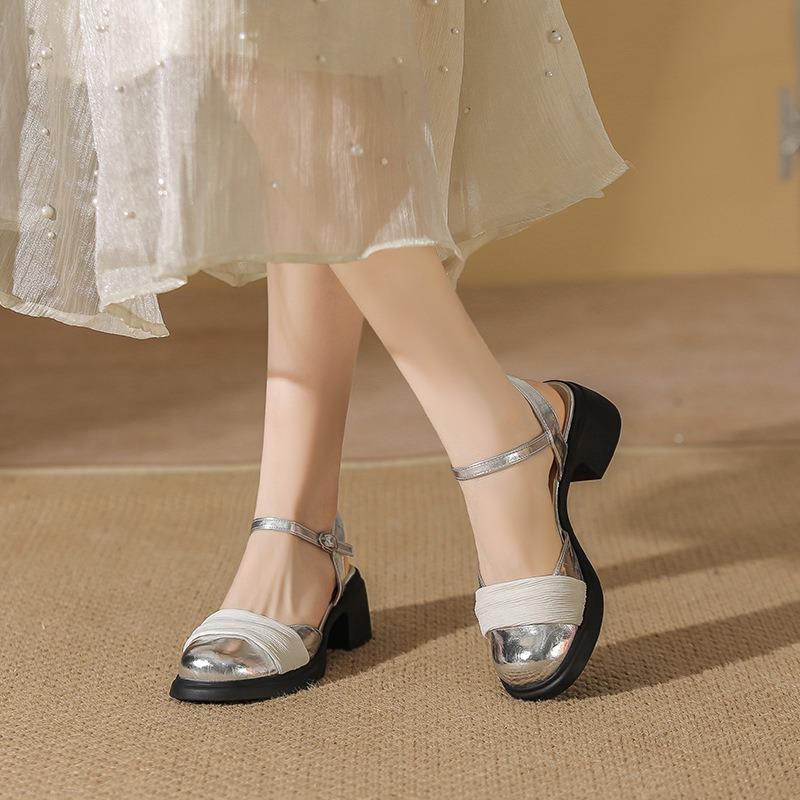 Sandals women's summer new bag head silver mesh thick heel empty Mary Jane single shoes women