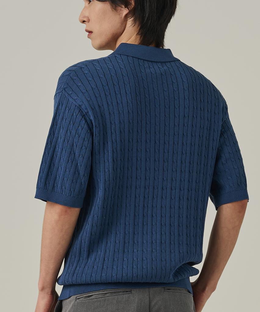 ANALOG MOOD Cable Half-Zip Collar Short-Sleeve Knit (Deep Blue)