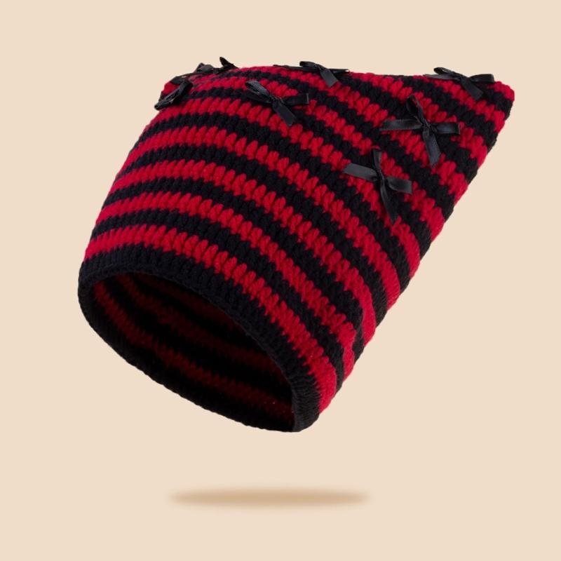 Crochet Stripe Pattern Hat Handmade Cat Ear Hat Winter Warmer Knitted Hat Cold Winter Presents for Students Teenagers