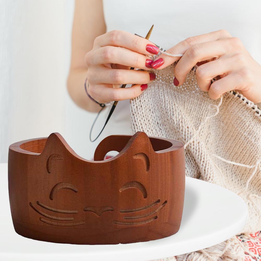 Wooden Yarn Bowl Yarn Storage Bowl Portable Knitting Yarn Bowl Cat Shaped Yarn Ball Organizer Multi-Function for Crochet Lovers