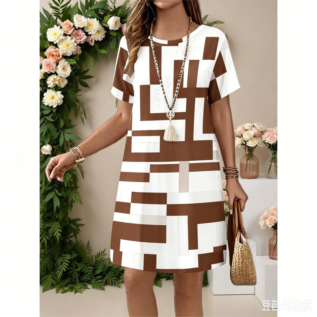 Summer Women's Fashionable Round Neck Short Sleeved Dress, Casual Outdoor Street Wear, Daily Clothing