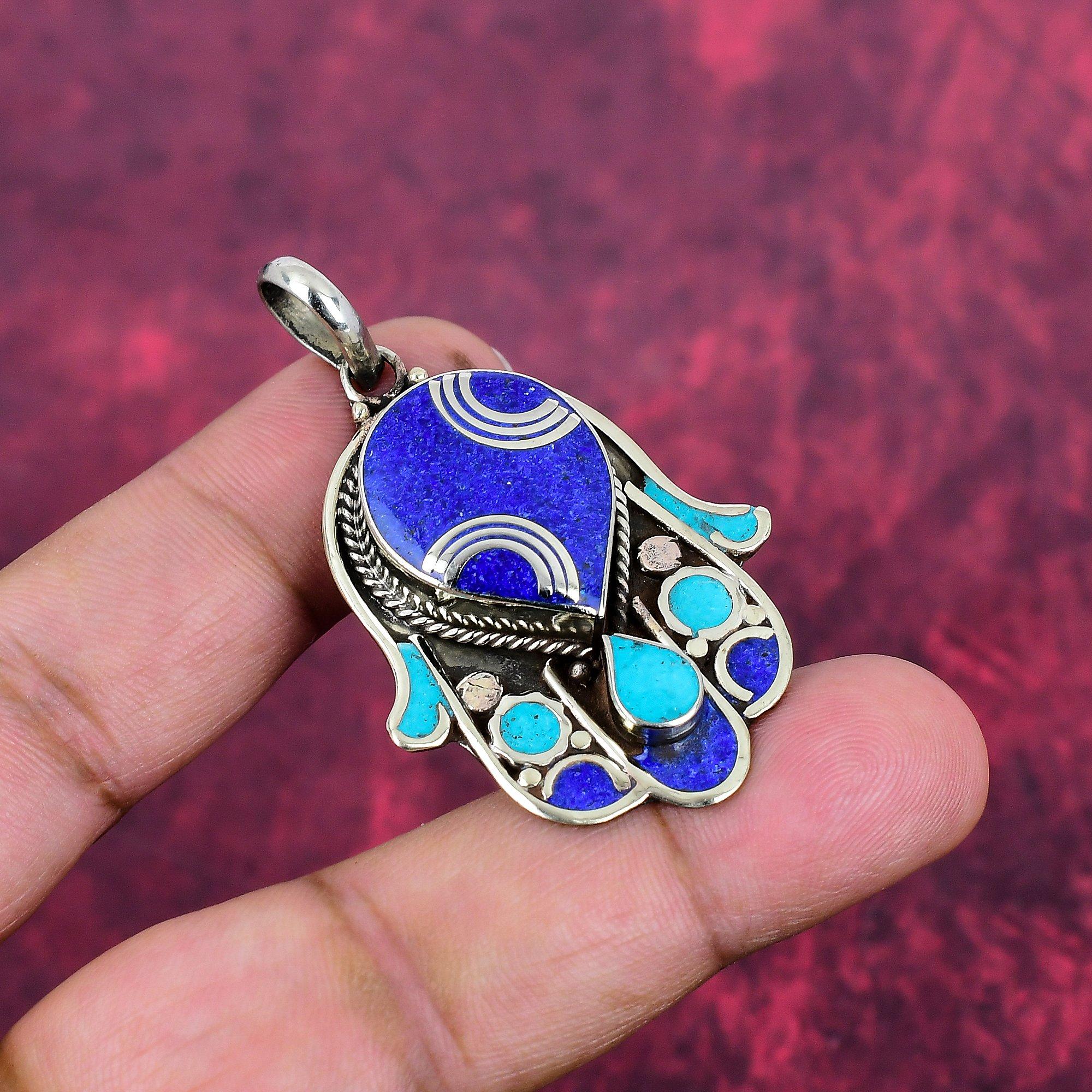 

Lapis Lazuli & Turquoise Pendant, Gemstone 925 Solid Sterling Silver Nepali Jewelry Pendant, Handmade Jewelry Birthstone Pendant, Gift For Him 2.16 Inches