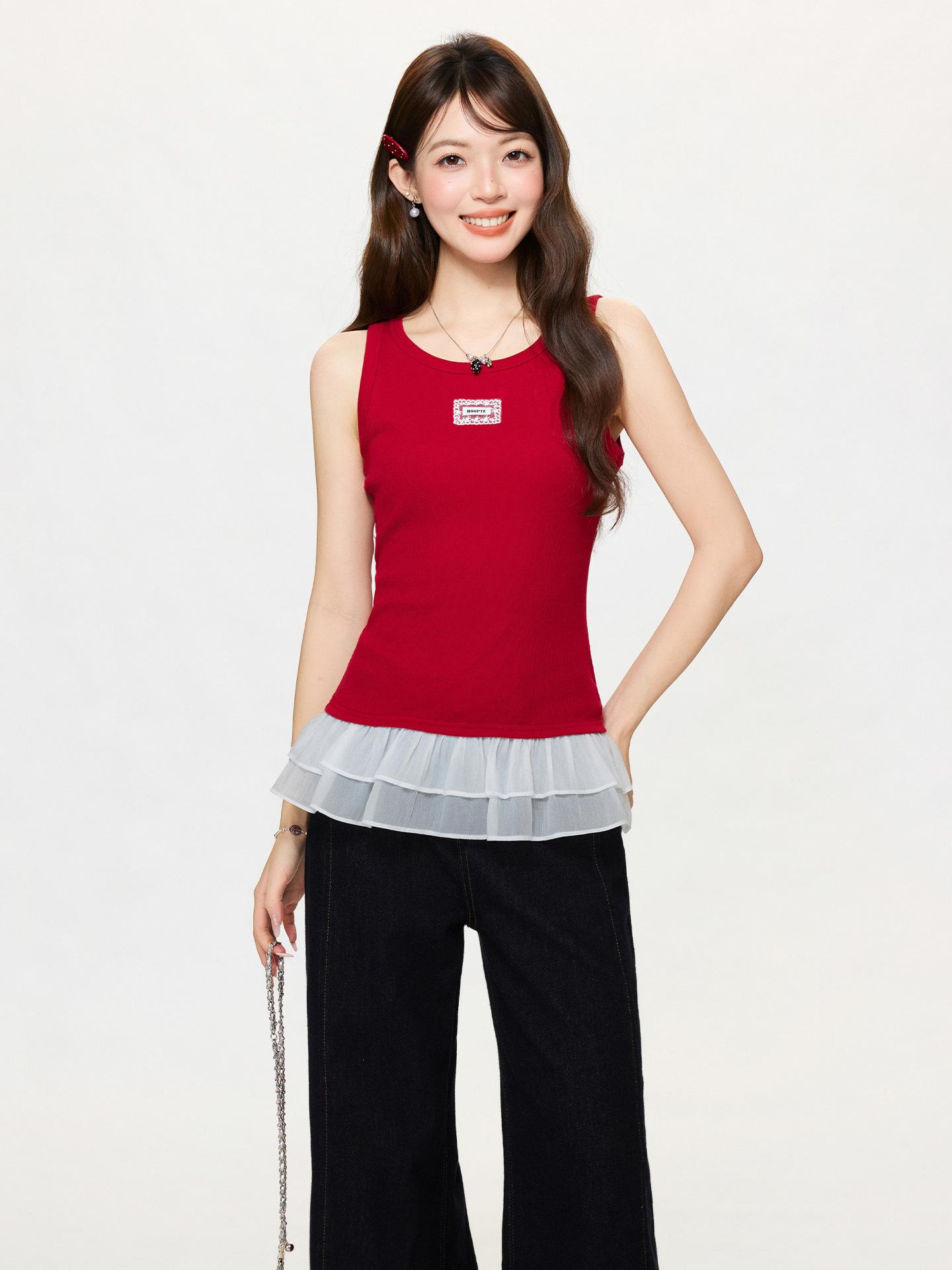 

Korean lotus leaf edge lace skirt splicing suspenders women s summer red gentle wind bottomed vest top S красный