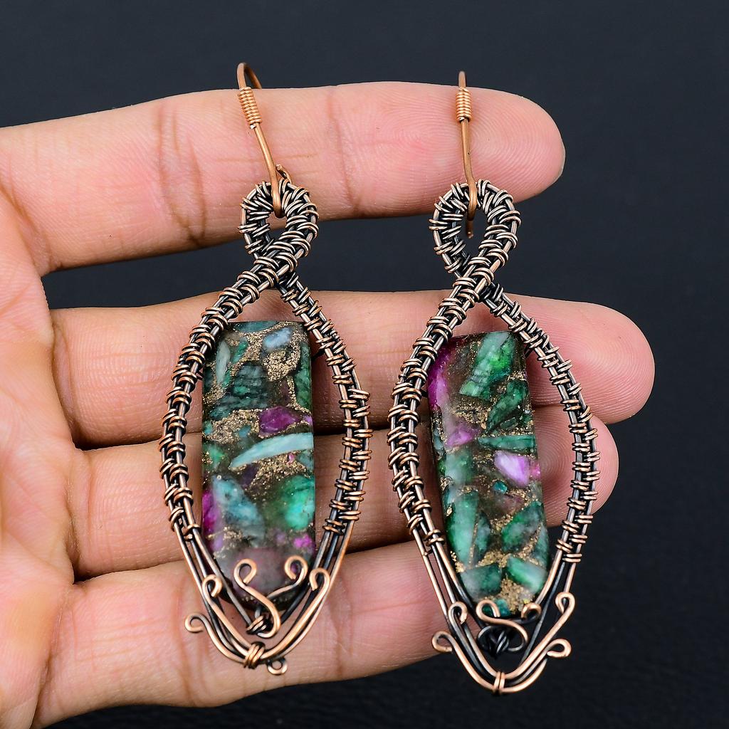 Ruby Zoisite Lab-Created Handmade Copper Wire Wrap Jewelry Earring 3.54 E7z18