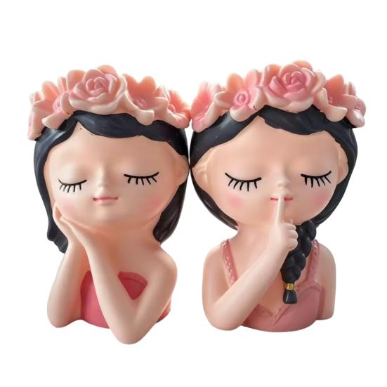 Cute Girl Planter Pot, Resin Girl Statue for Indoor Outdoor Plants, Decorative Flower Pot for Succulents, Makeup Brush & Pen Holder for Home Office