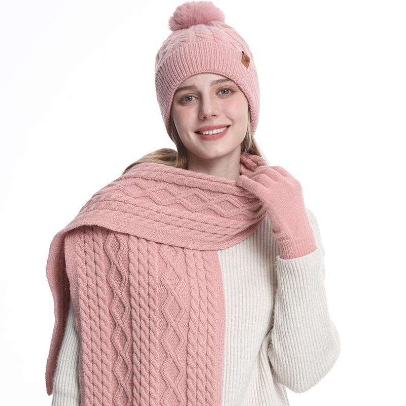 Hat Scarf Gloves Three Piece Set Winter Outdoor Velvet Warm Ear Protection Knitted Hat