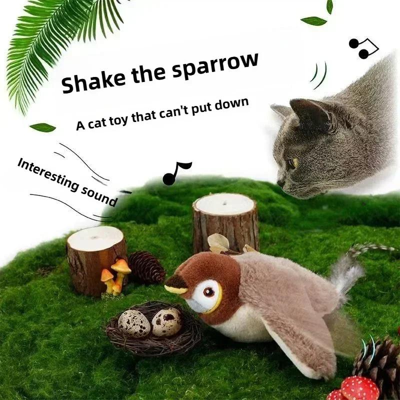 Interaktives Katzenspielzeug, wiederaufladbarer fliegender Vogel, Katzenspielzeug, zwitschernder, flatternder Vogel(Kein Fliegen) Kann durch Berührung aktiviertes Plüschspielzeug mit Katzenminze hinzufügen