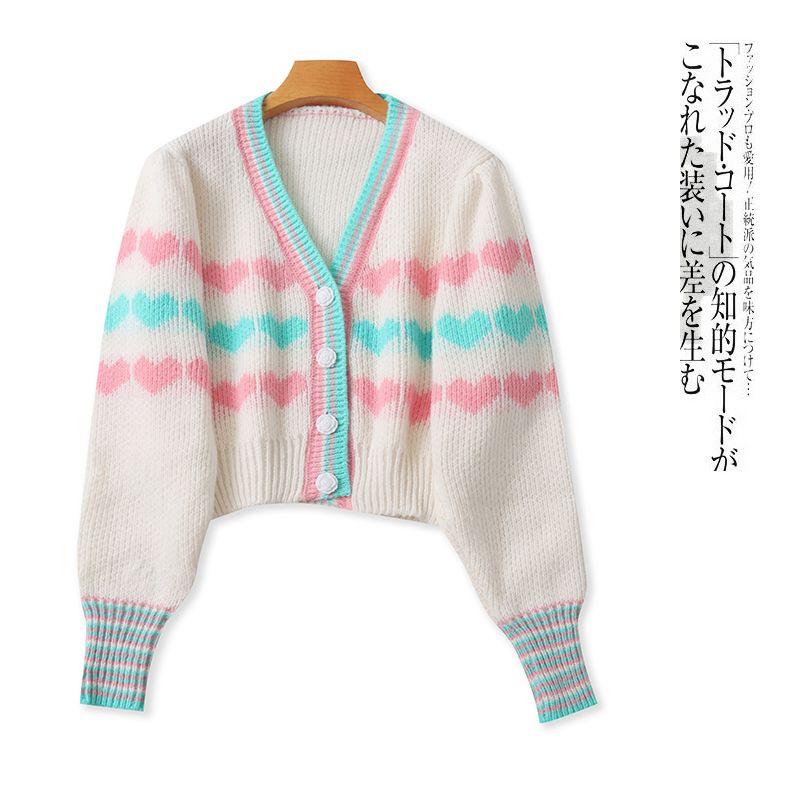 

Кардиган Свитер Осень Новое Поступление Внешняя Торговля Женская Одежда Мода V-образный вырез Однобортный Длинный рукав Контрастный цвет Свитер с сердечками 29787 White Heart b-5-31-3 S