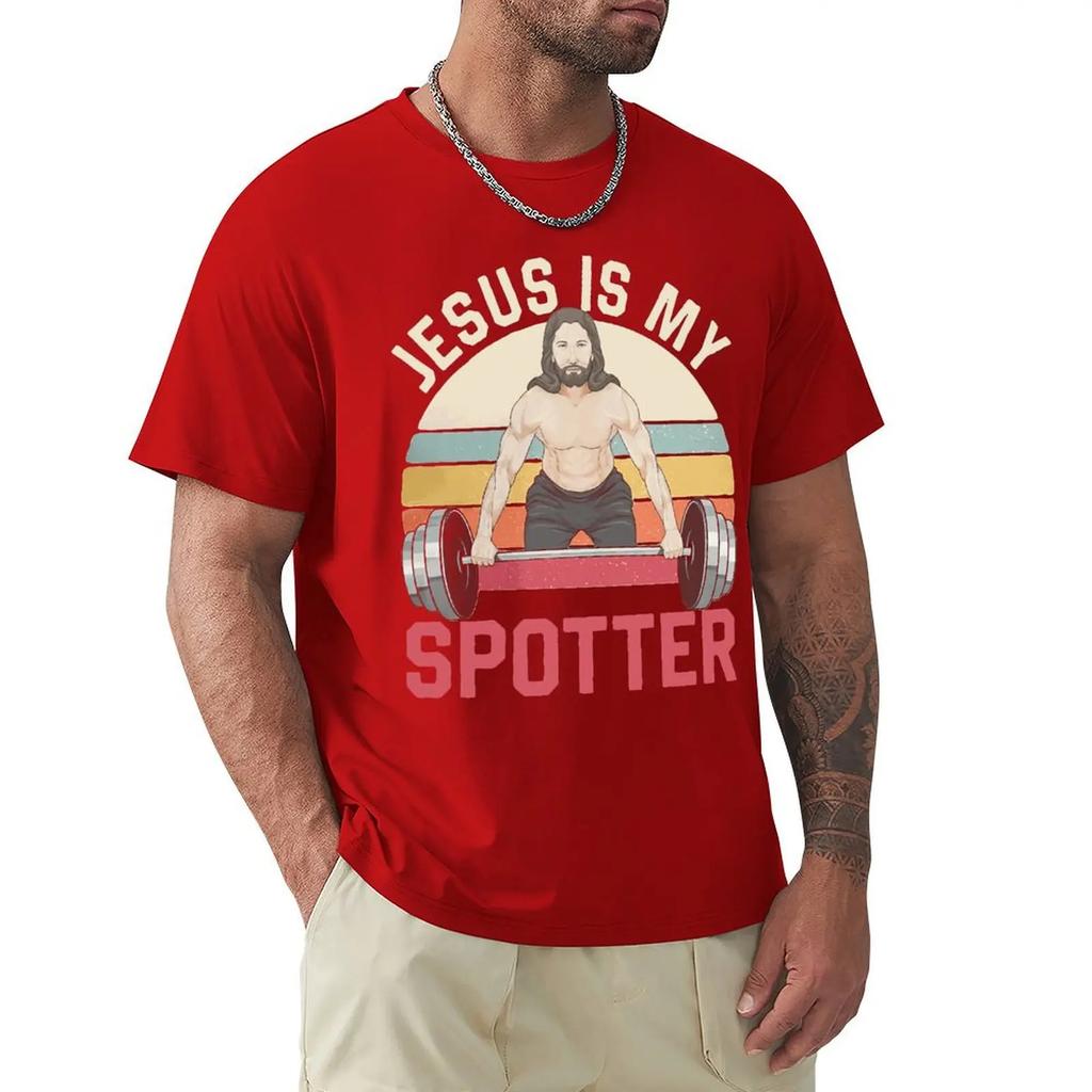 Męska koszulka Jezus jest moim spotterem śmieszna chrześcijańska siłownia podnoszenie ciężarów vintage 100% bawełna koszulka fitness koszulki odzież pomysł na prezent