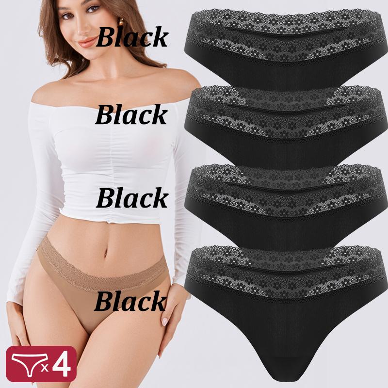 4Pcs Sexy Hollow Lace G-String Girl Underwear Cotton Ladies Thongs Solid Seamless Soft Female Panties Low Waist Lingerie