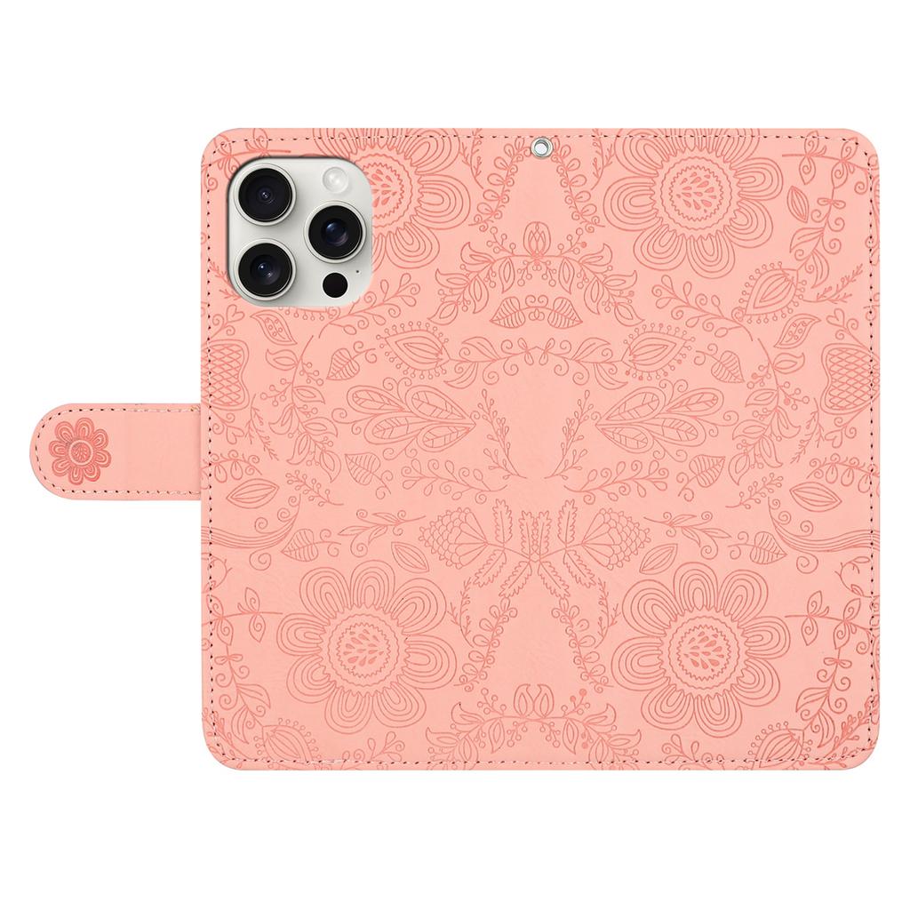 For iPhone 16 Pro Case Flower Imprint Leather Flip Wallet Phone Cover with Wrist Strap