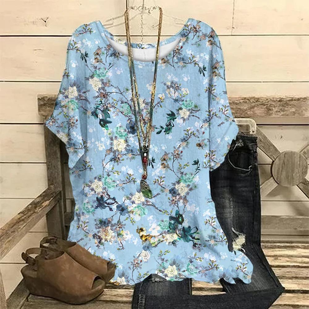 Women's T-shirt Fashion Small Floral 3D Digital Print Round Neck Five Quarter Sleeve T-shirt