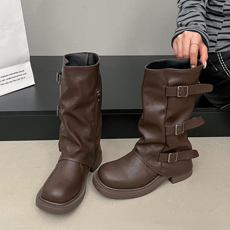 Spice Girl Pants Pleated Boots Spring and Autumn New Boots Women's Knight Boots Boots Tall Piles British Style Retro