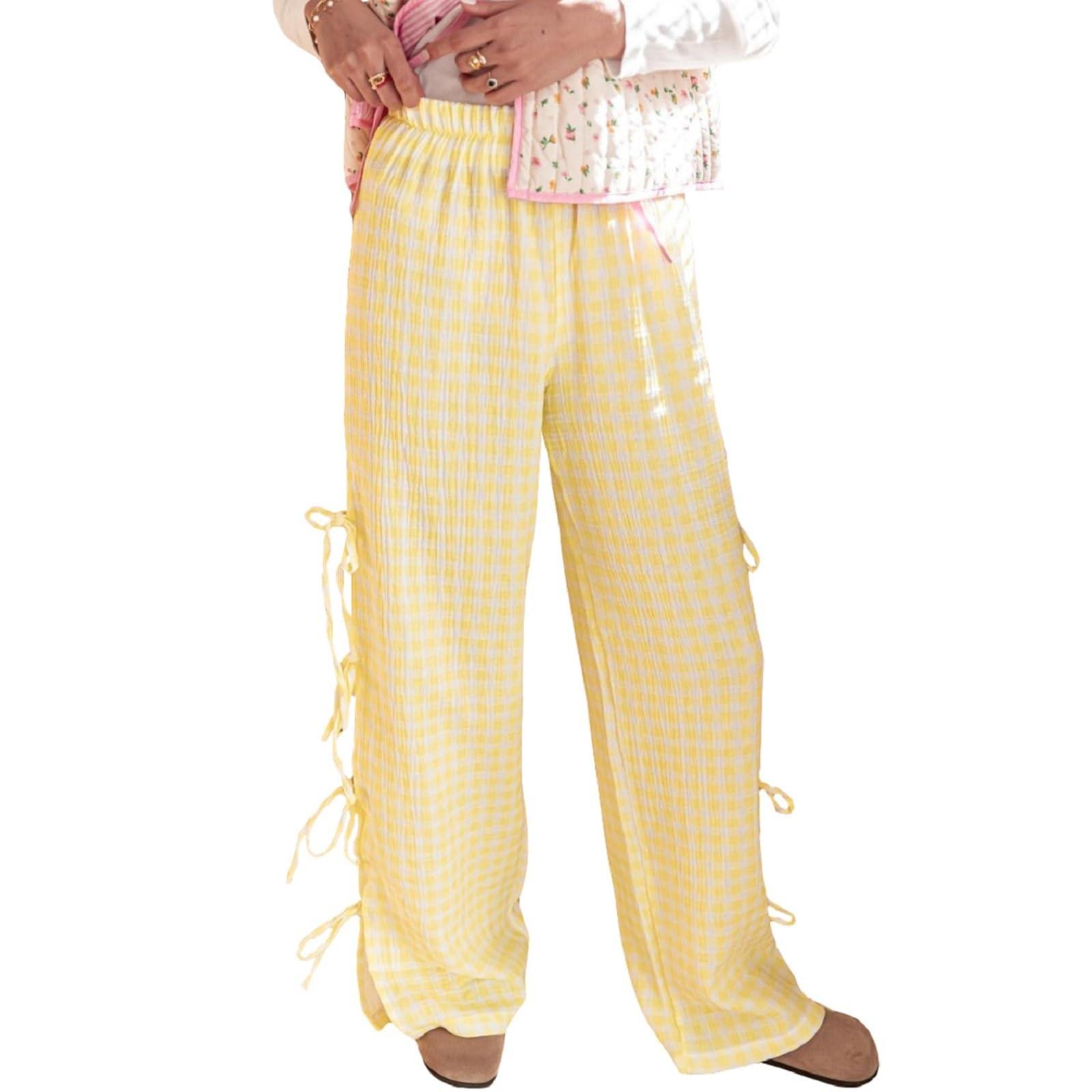 

Женские клетчатые полосатые брюки с высокой талией, повседневные брюки для тренировок, спортивные брюки для отдыха XL жёлтый
