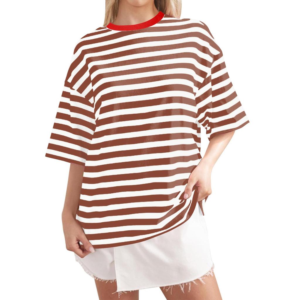 Women Oversized Striped Color Block Shirt Short Sleeve O-Neck T-Shirts Casual Loose Pullover Tops Summer Tee Tops