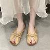 2025 summer new flat-bottomed soft-bottomed cool slippers women's summer wear one-word slippers fish mouth leather square head cool slippers