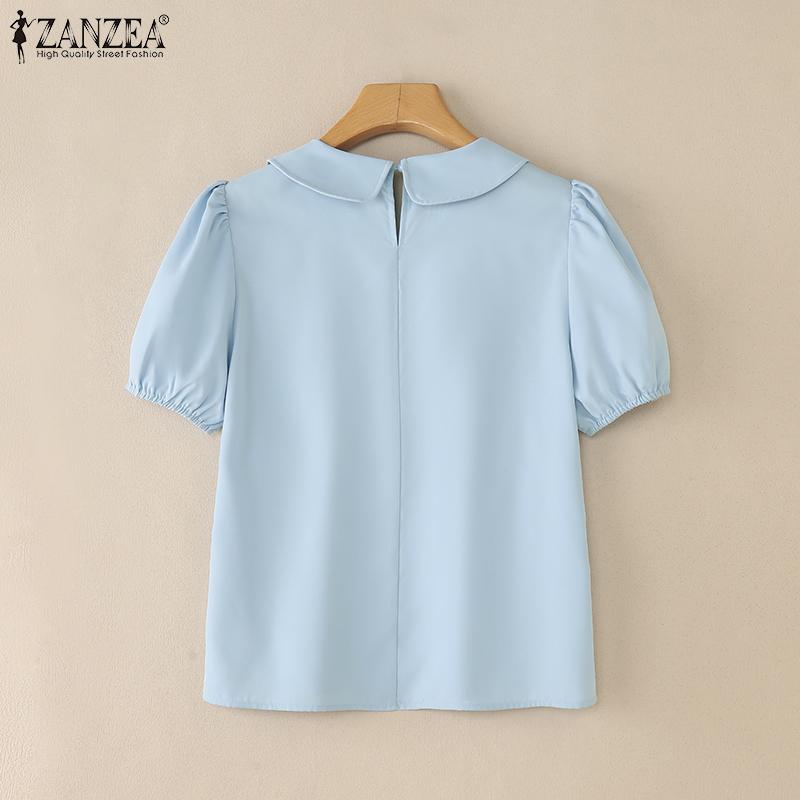 ZANZEA Women Casual Doll Collar Solid Color Short Sleeve Blouse