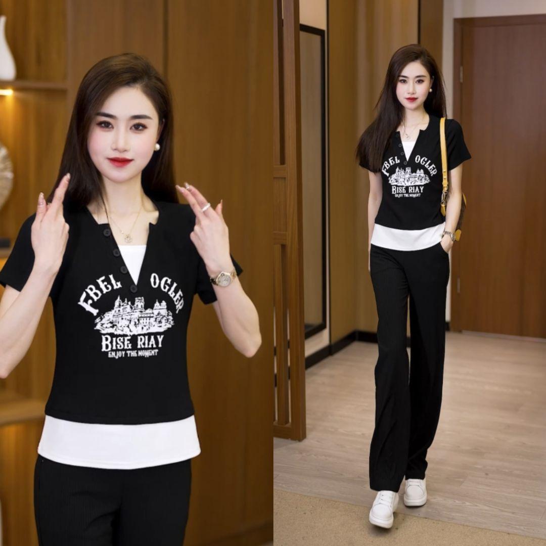 

Large size fashion V-neck fake two-piece short-sleeved printed T-shirt women s summer fat mm thin American retro design top M чёрный