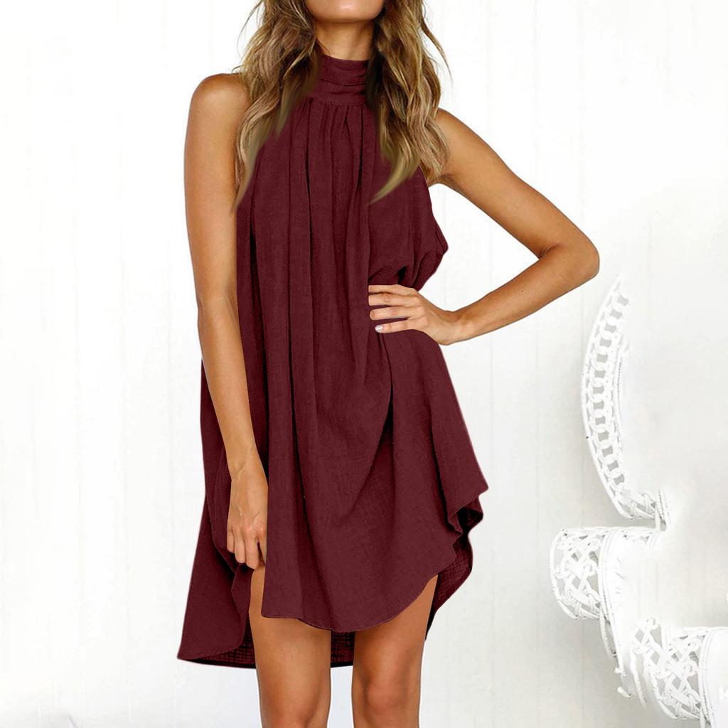 Women's Sexy Summer Color Round Neck Pleated Sleeveless Dress