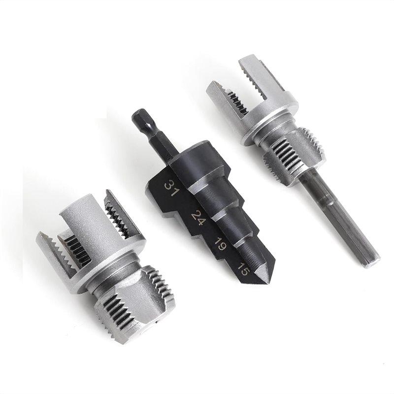 ABBP-3Pcs PVC Pipe Threading Tool Kit, Includes 1/2" & 3/4" Internal/External Thread Cutters, Reamer And Step Drill Bit