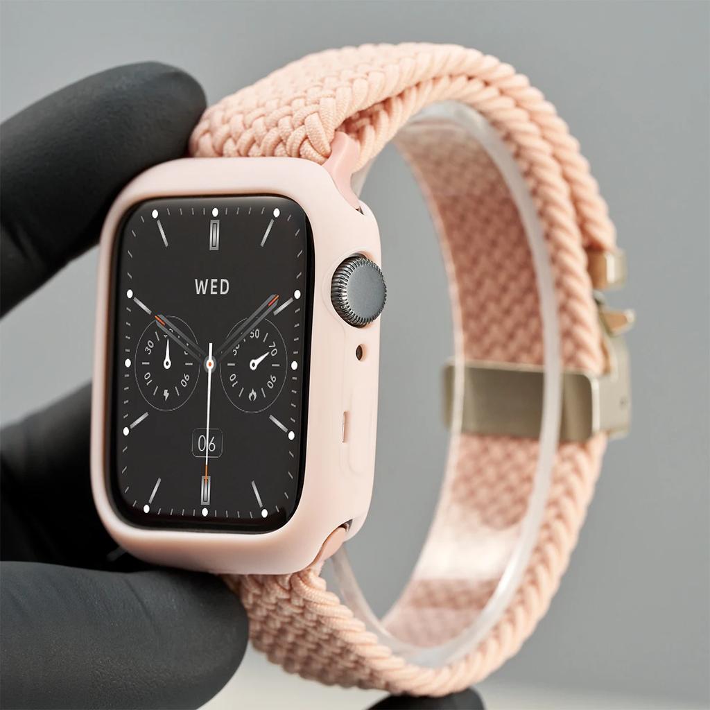 Silicone Case+Braided Strap For Apple Watch Bands 46mm 49mm 44mm 42mm 41mm 40mm 38mm SE 10 9 6 5 Ultra 2 Nylon Correa Strap
