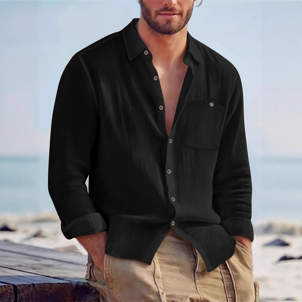 Autumn New Arrival Men's Solid-Colour Collared Cardigan Linen Loose-Fit Casual Long-Sleeved Shirt