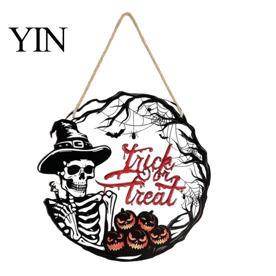 Fall Front Porch Signs Halloween Wooden Wreath Door Hanger Sign, Pumpkin Ghost Black Cat Witch Ornaments Bat Patterns, Hanging Plaque for Farmhouse