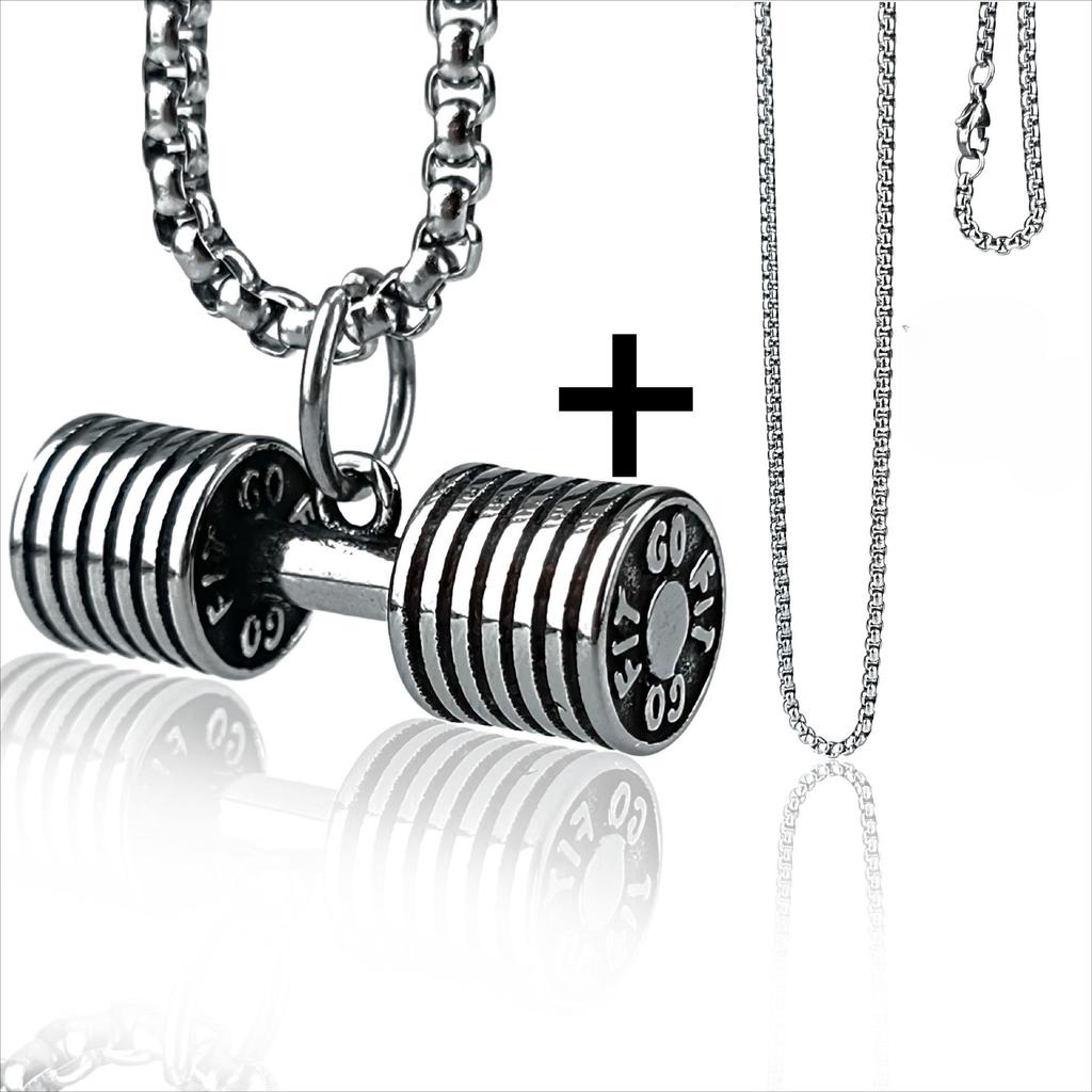 Men's Stainless Steel & Titanium Dumbbell Pendant Necklace - Trendy Sports Fashion Jewelry