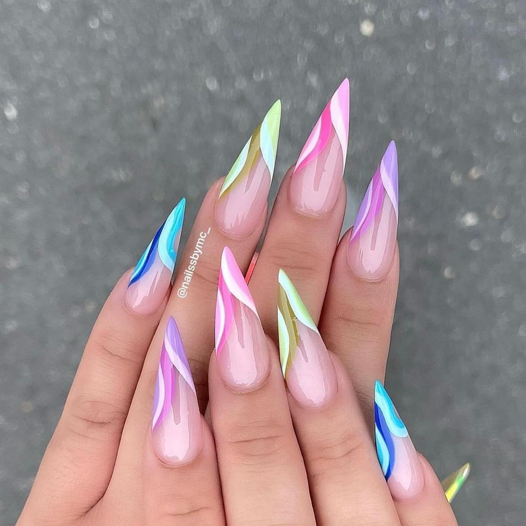 24 Stück Y2K Bunte Feuerwerk Falsche Nägel Mandel mit Herz Smiley Gesicht Fake Nails Süß Cool Stil Abnehmbare Press-On Nägel