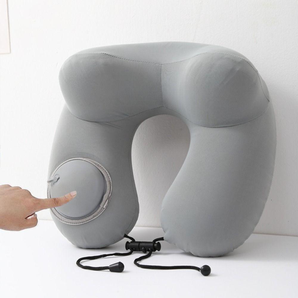 

Inflatable U-Shaped Travel Pillow Ice Silk Neckrest Pad Convenient Press To Inflate Pillow Summer Black-Set C