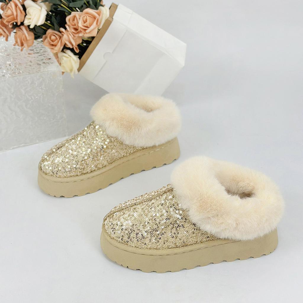 Fashion Faux Fur Winter Boots Women 2025 Fashion Shoes Sequined Cloth Warm Snow Boots Woman Non-Slip Thicken Plush Ankle Booties