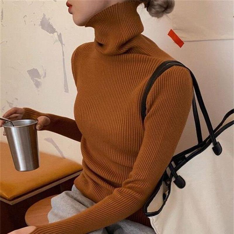 Women's Solid Color High Neck Thumb Hole Turtleneck Sweater - Autumn/Winter Stylish Thick Knit Long Sleeve Base Layer