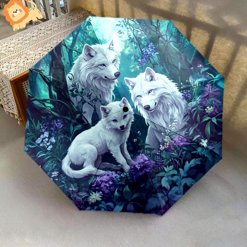 1 PC Automatic Folding Umbrella - Wolf Family Pattern, Portable & Foldable Design with 8 Ribs, Christmas Birthday Gifts