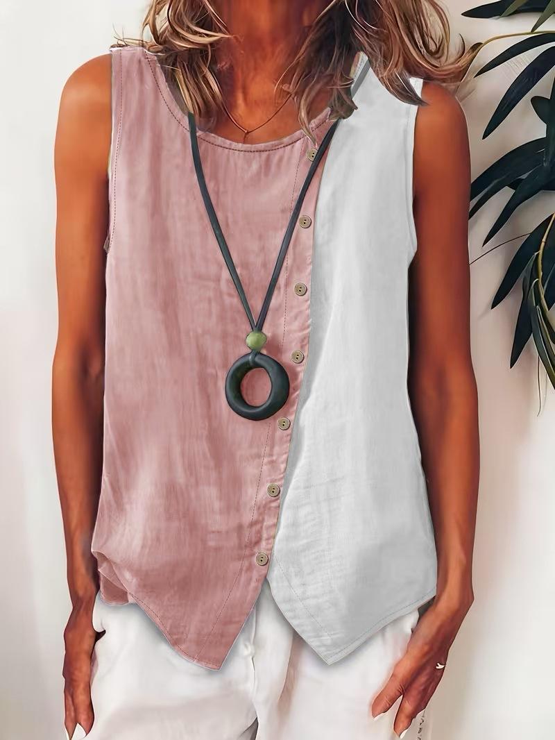 2026 European and American new women s casual contrasting color sleeveless button-up shirt side single-breasted round neck loose vest women S белый