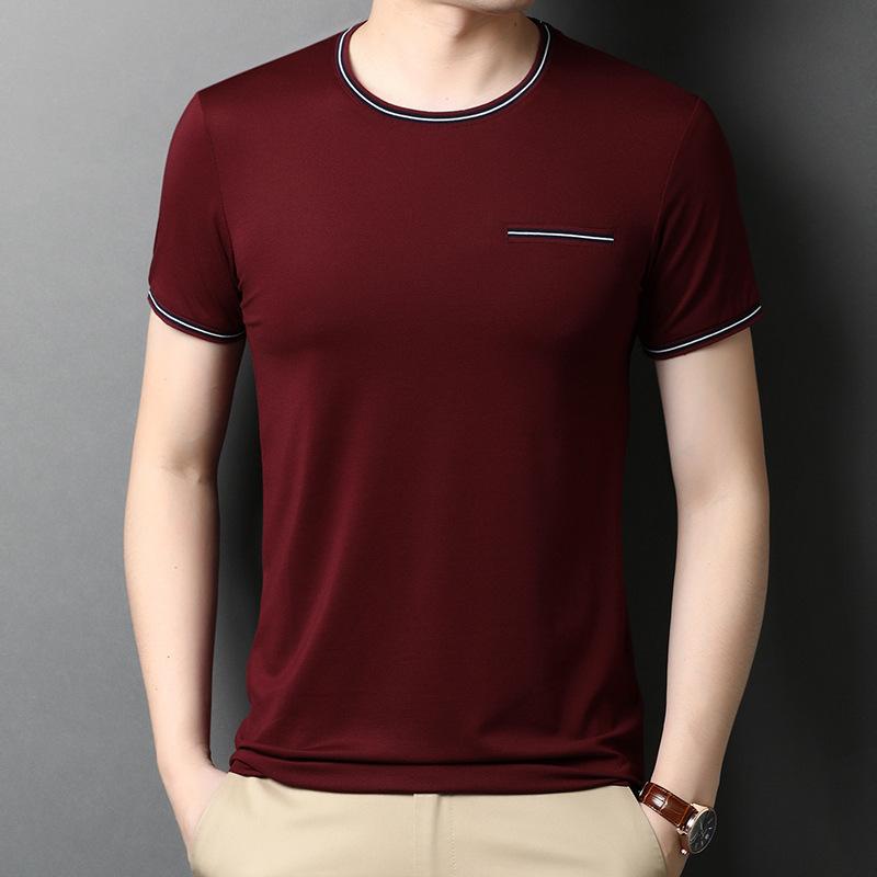 Summer Men's Mulberry Silk Thin Short-sleeved T-shirt Youth Edition Topstitch Fashion Pullover Mercerized Trendy Sweatshirt