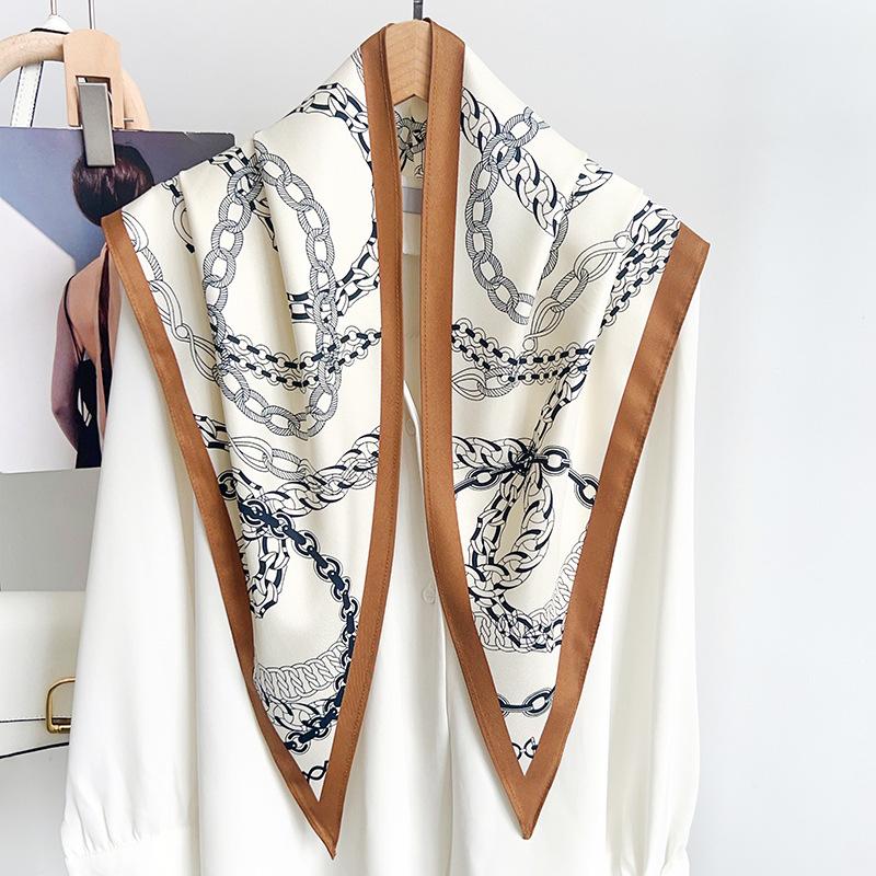 Retro old money style chain big triangle scarf high-end silk scarf summer thin versatile temperament shawl shirt accessories