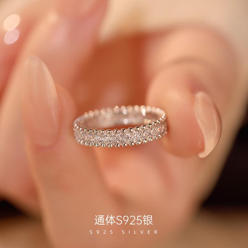 S925 Silver Light Luxury Row Diamond Bead Edge Ring, High-Quality Starry Sky Couple Matching Ring
