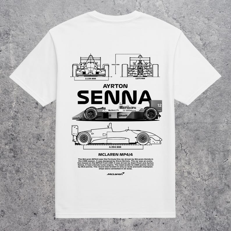 

Футболка з технічним кресленням Ayrton Senna McLaren MP4/4 1988, Унісекс Оверсайз вуличний одяг, Подарунок для фаната Формули-1 M синій