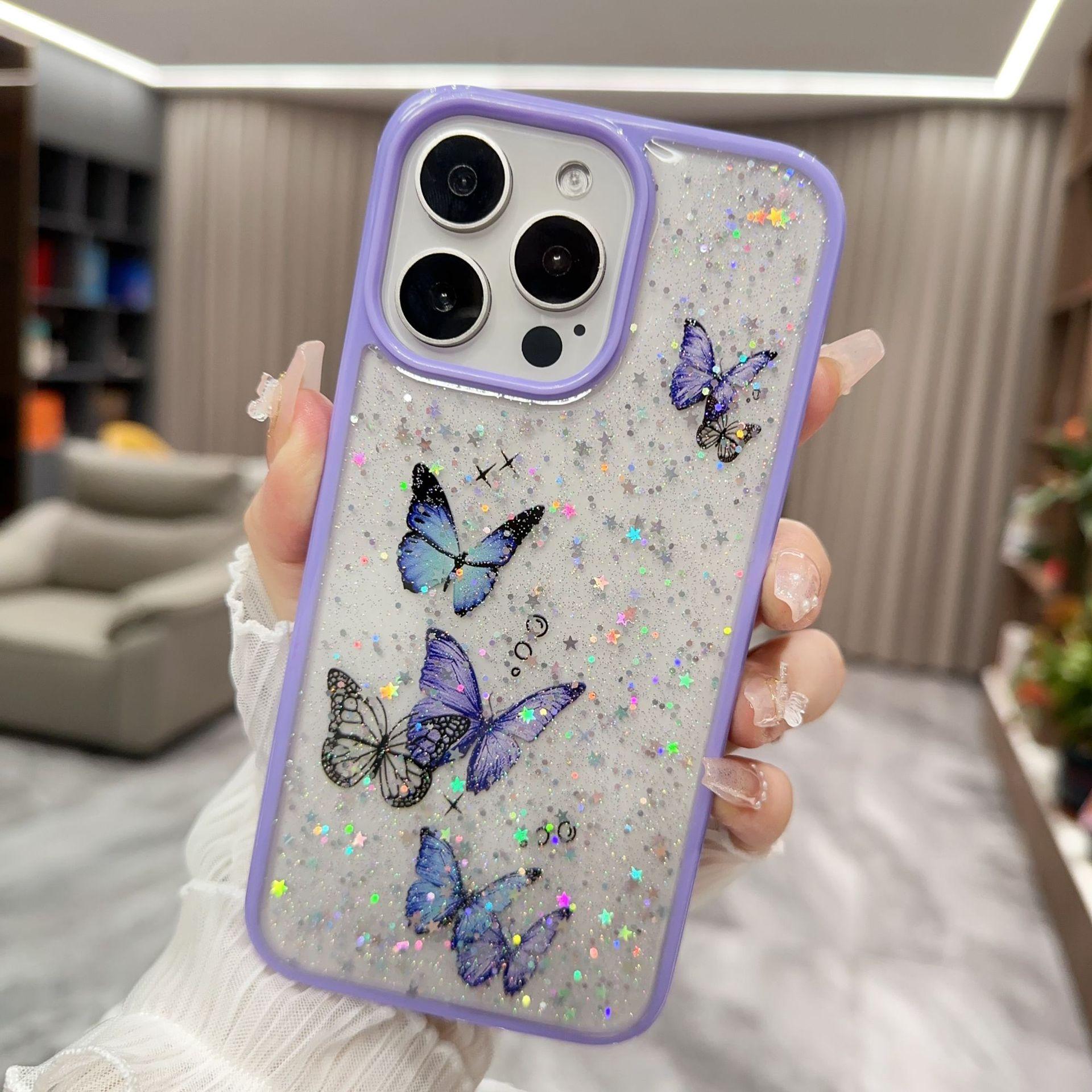 

Епоксидний чохол для мобільного телефону з метеликами для IPhone16 Plus/15PROMAX/14/13/12 блискучий лазерний папір iPhone16 Pro Max фіолетовий
