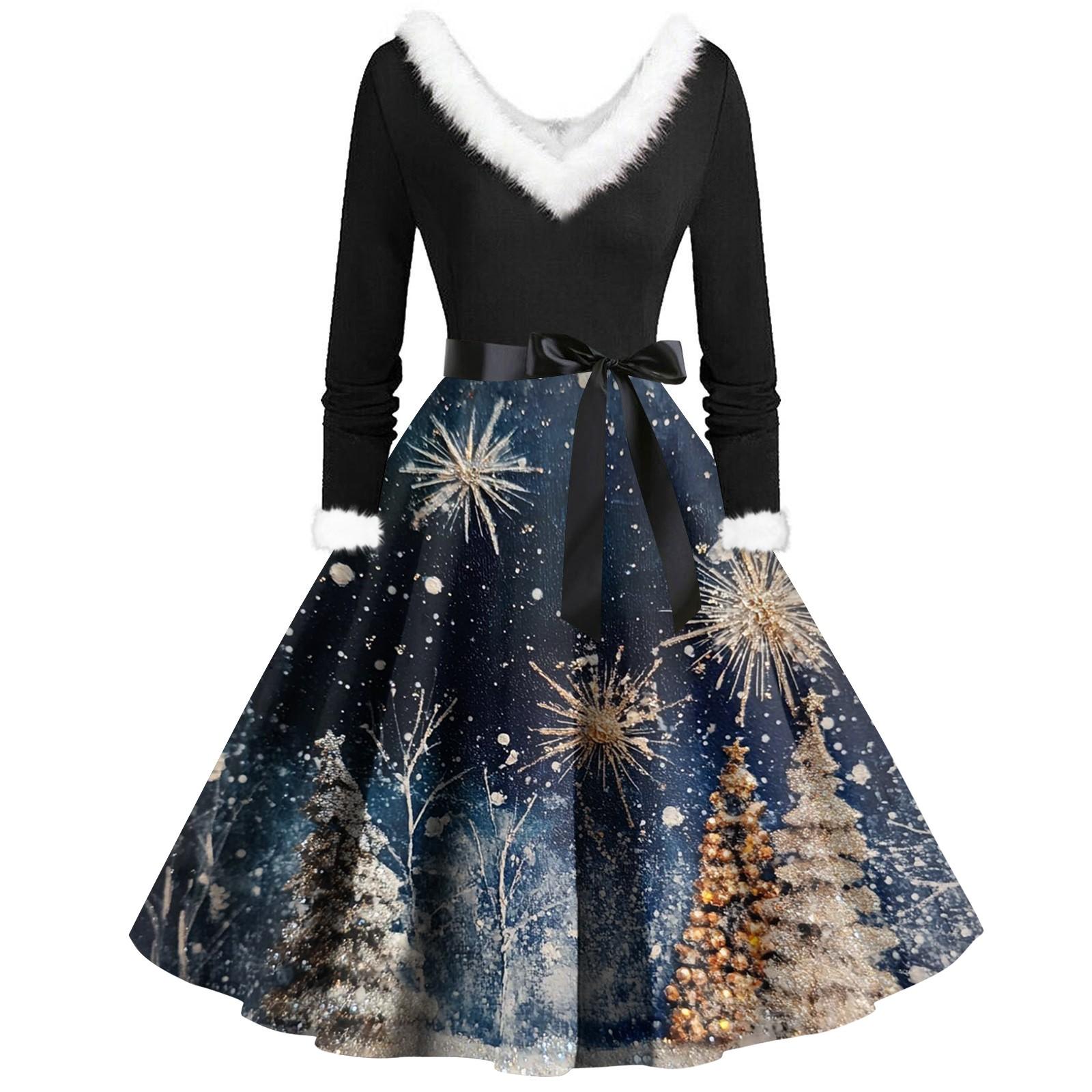 

Женские повседневные модные плюшевые платья с V-образным вырезом и рождественским принтом L тёмно-синий