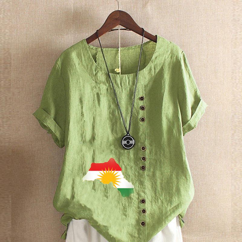 

Women s New Fashion Linen Shirt Round Neck Short Sleeve Map Printed T-shirt Summer Ladies Casual Plus Size Blouse Tops 5XL зелёный