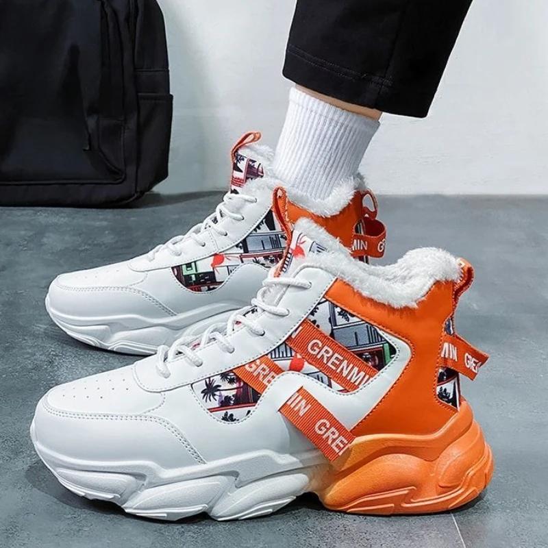 Youth Student Men's Winter Fleece Lined Thickened High Top Sneakers Trendy Lace Up Versatile Basketball Running Fashion Shoes