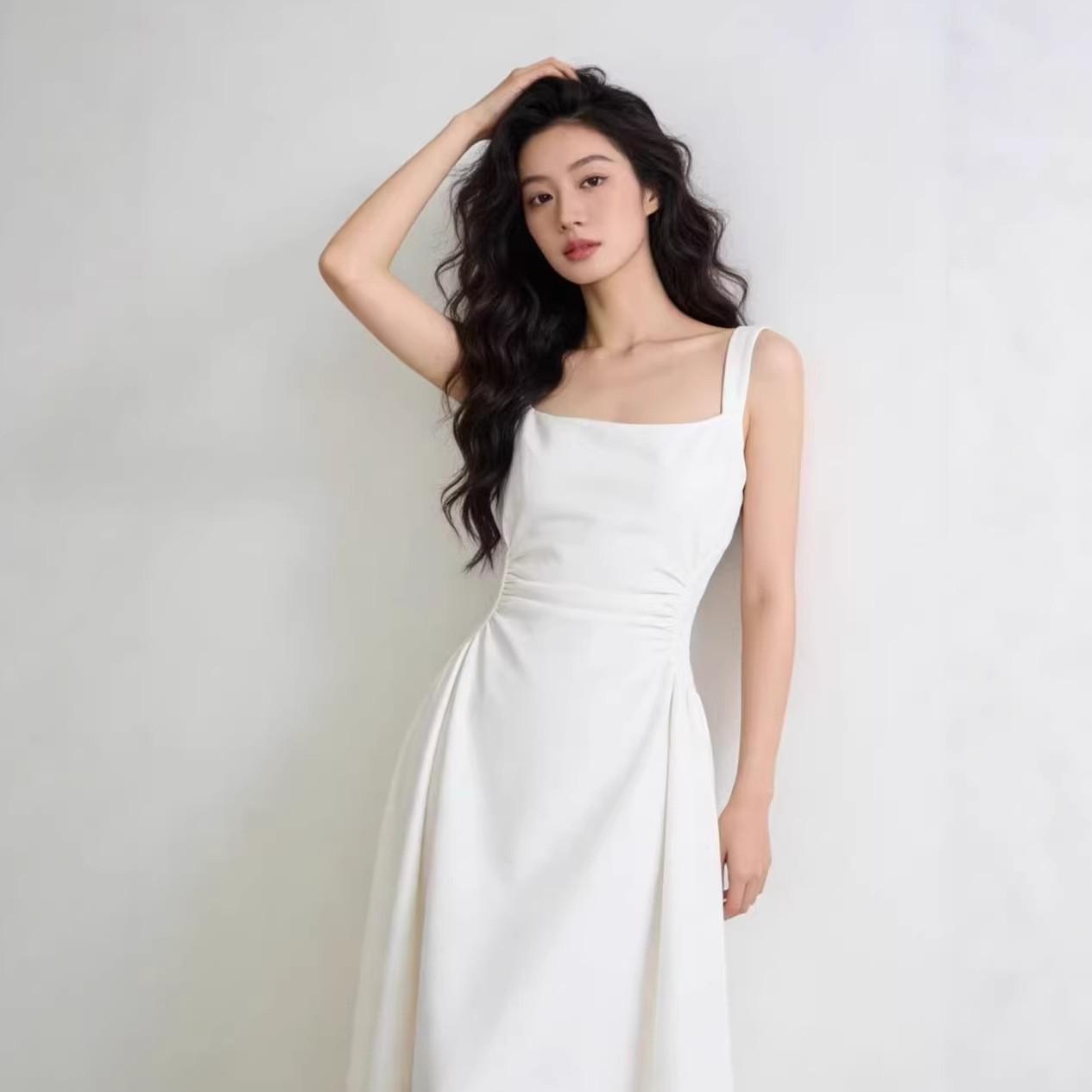 

Women s Black Summer Midi Slip Dress - French Petite, Cinched Waist, Ideal for Beach Vacations 2026 L белый