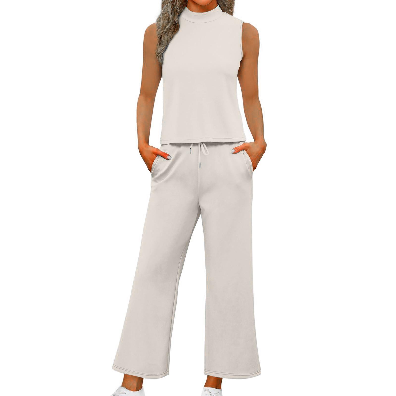 

Женский повседневный модный комплект без рукавов с широкими свободными брюками и высоким воротом XXL бежевый