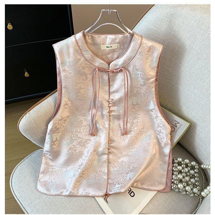 

Improved buckle vest 2025 small round neck jacquard year embroidered sleeveless vest top M (under 50kg recommended) рожевий