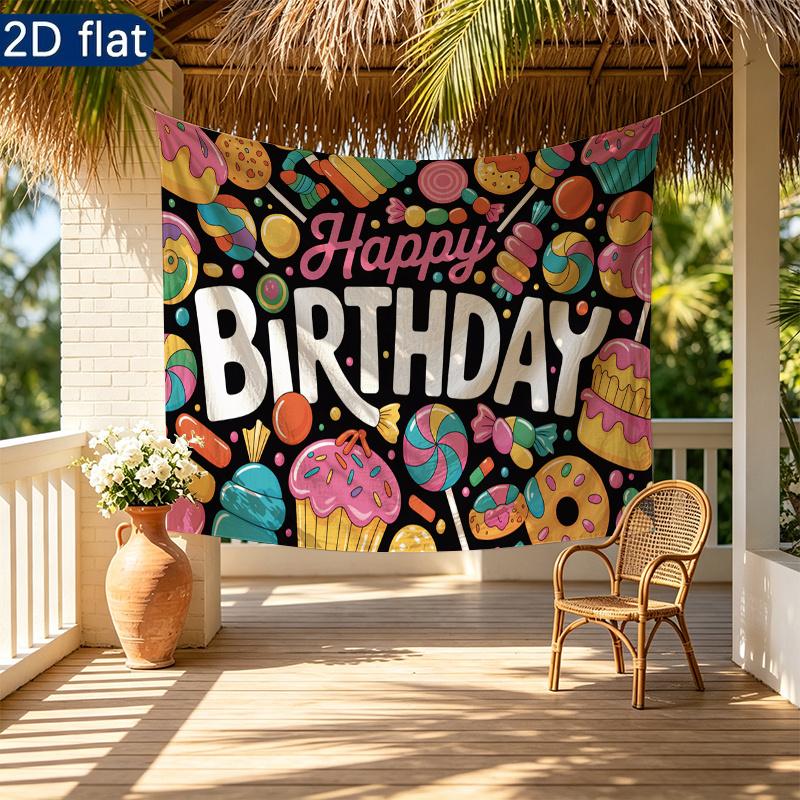 Gifts Candy Sweet Happy Birthday Party Banner, Multicolor Polyester Backdrop for Celebration & Photos