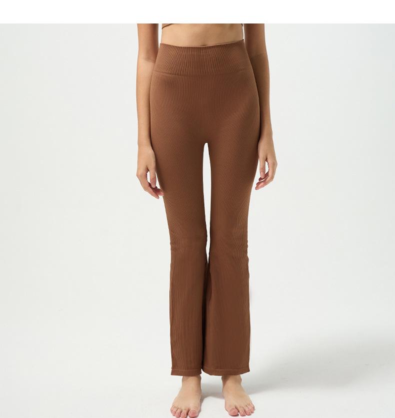 High-Waisted Women's Seamless Ribbed Yoga Flare Pants with Tummy Control